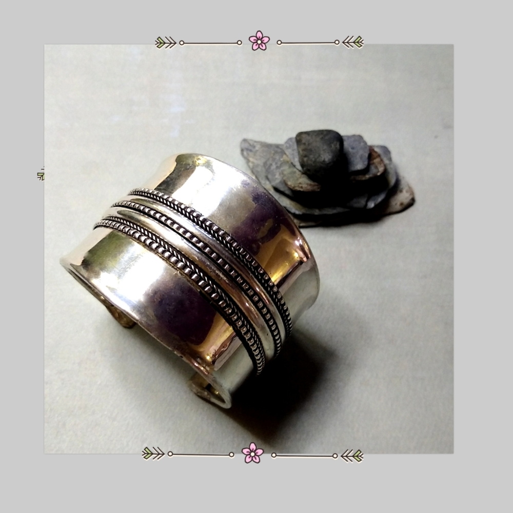 Boho Silver Tone Bright Shiny Bali Style Statement Cuff Bracelet